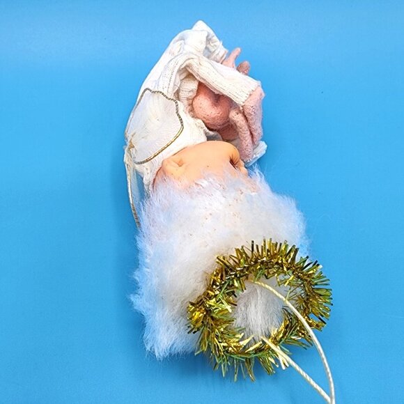 Vintage 1950s Shabby Pixie Angel Ornament Felt Knee Hugger Tinsel Sleepy Eyes - Picture 8 of 9